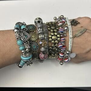 Boho Turquoise Charm Bracelet Stack 7pc Lot Silver Western Festival Jewelry SEE